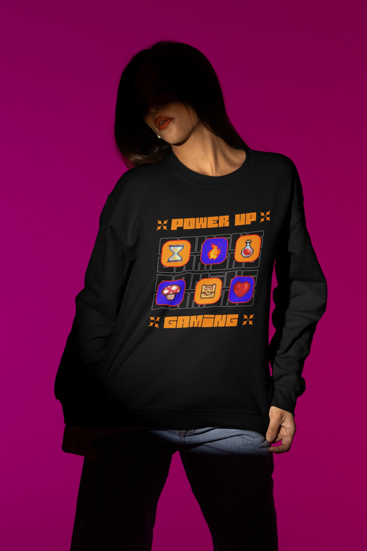 Power Up Gaming – Pixel Icons Grid | Retro Gamer Pullover – schwarz Pullover als Weibliches Model-Mockup, hochwertiges Nerd- & Gaming-Design Produktfoto.