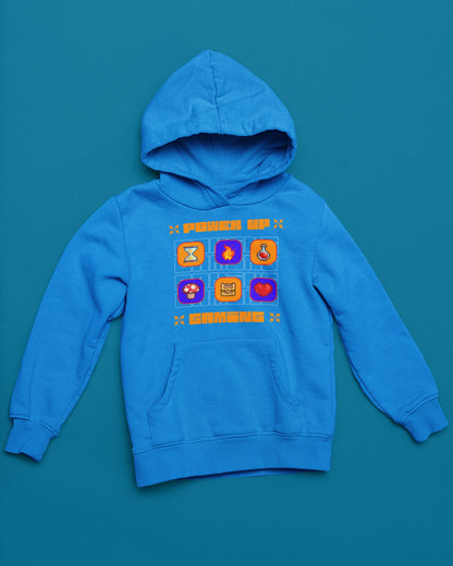 Power Up Gaming | Retro Pixel Hoodie fuer echte Gamer – blau Hoodie als flatlay-Mockup, modernes Gaming-Design und hochwertiges Produktfoto.