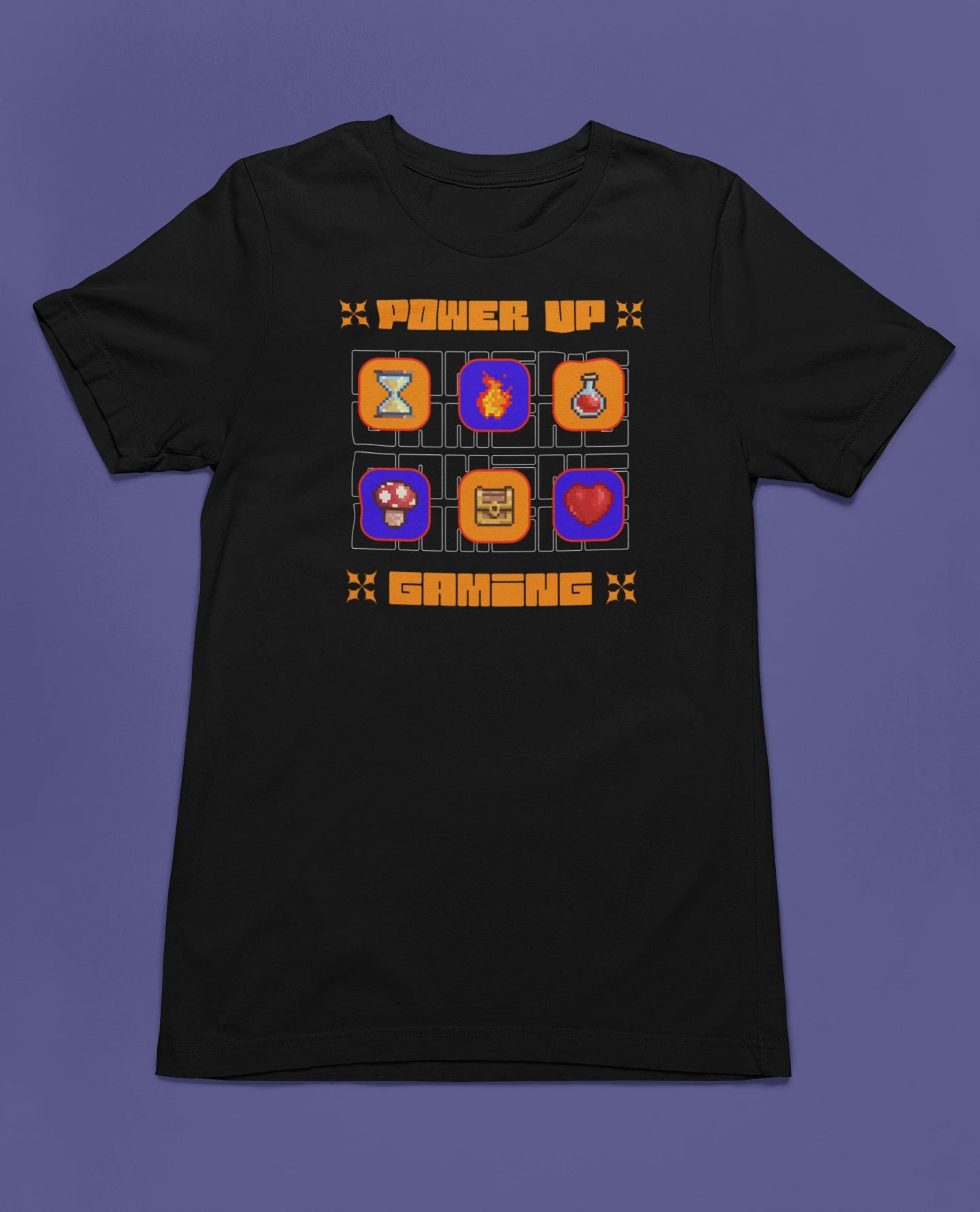 Power Up Gaming | Retro Pixel T-Shirt für Gamer – schwarz T-Shirt als flatlay-Mockup, modernes Gaming-Design und hochwertiges Produktfoto.