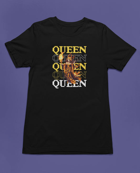 Queen | Pixel Fantasy T-Shirt für starke Frauen – schwarz T-Shirt als flatlay-Mockup, modernes Gaming-Design und hochwertiges Produktfoto.