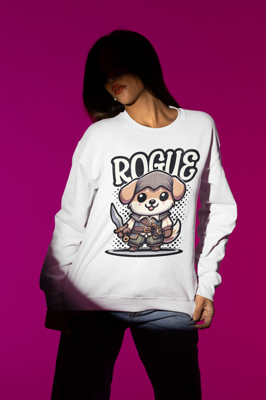 Rogue Dog – Chibi Abenteuer Pullover | Niedlicher RPG Diebshund – weiss Pullover als Weibliches Model-Mockup, hochwertiges Nerd- & Gaming-Design Produktfoto.