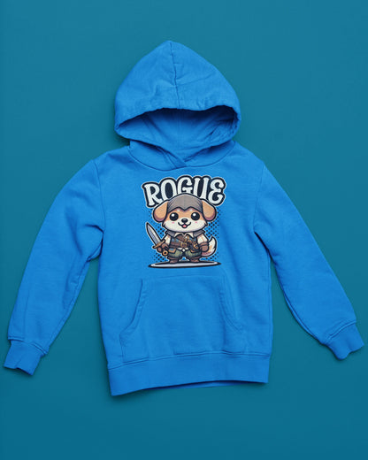 Rogue Dog | Niedlicher Schurken-Hoodie im Fantasy-Style – blau Hoodie als flatlay-Mockup, modernes Gaming-Design und hochwertiges Produktfoto.