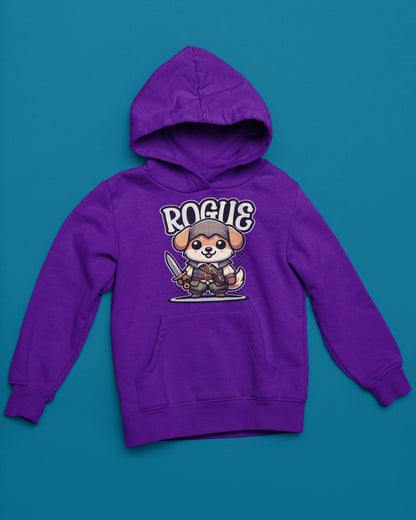 Rogue Dog | Niedlicher Schurken-Hoodie im Fantasy-Style – lila Hoodie als flatlay-Mockup, modernes Gaming-Design und hochwertiges Produktfoto.
