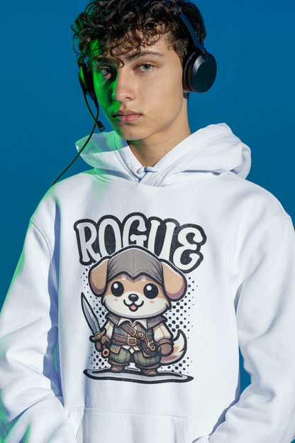 Rogue Dog | Niedlicher Schurken-Hoodie im Fantasy-Style – weiss Hoodie als maennlich-Mockup, modernes Gaming-Design und hochwertiges Produktfoto.