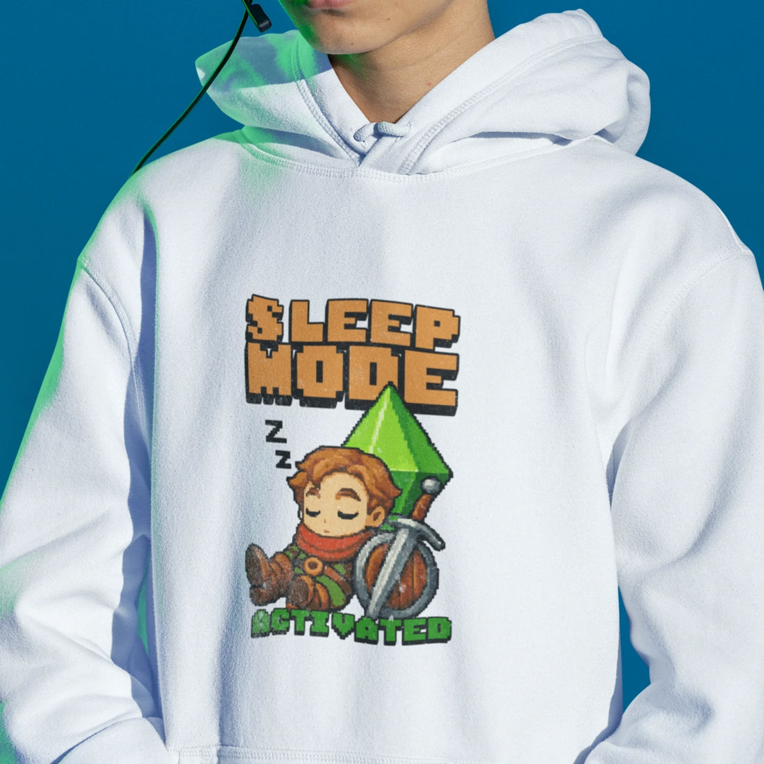 Weißer Sleep Mode Activated Hoodie im Pixel RPG Design für Gamer Fans