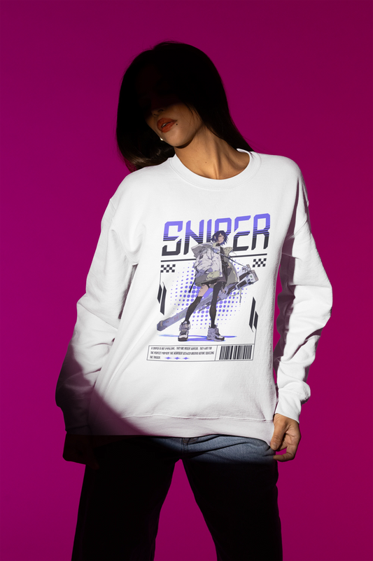 Sniper – Futuristic Anime Sniper Pullover | Cyber Tactical Girl Design – weiss Pullover als Weibliches Model-Mockup, hochwertiges Nerd- & Gaming-Design Produktfoto.