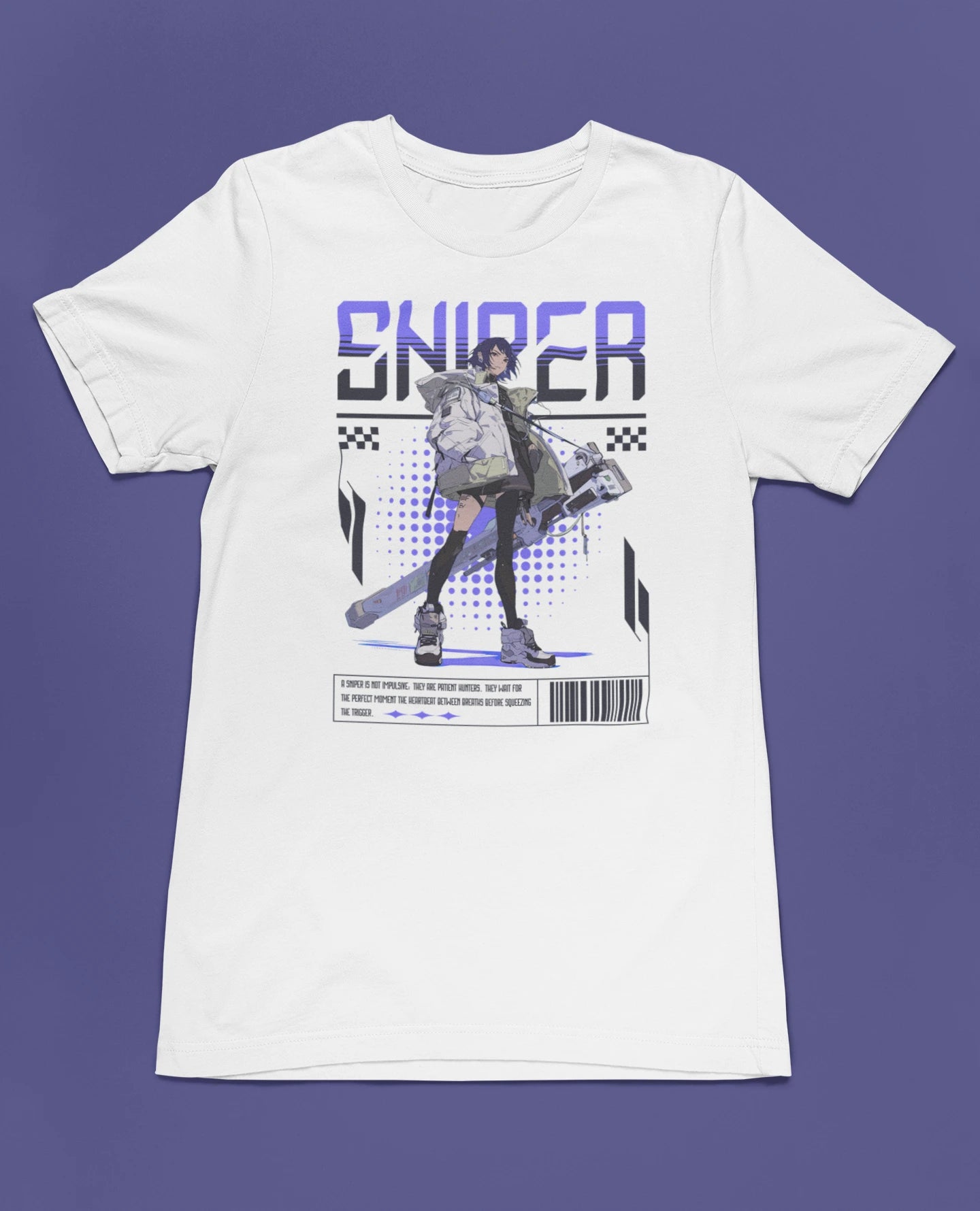 Sniper – Futuristic Hunter | Cyber-Anime T-Shirt für Gamer & Streetwear-Fans – weiss T-Shirt als flatlay-Mockup, modernes Gaming-Design und hochwertiges Produktfoto.