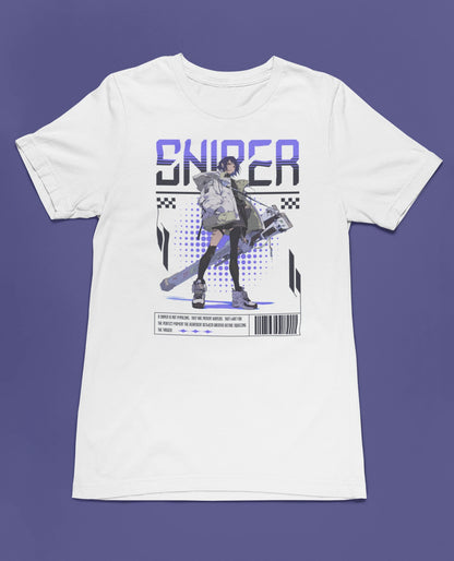 Sniper – Futuristic Hunter | Cyber-Anime T-Shirt für Gamer & Streetwear-Fans – weiss T-Shirt als flatlay-Mockup, modernes Gaming-Design und hochwertiges Produktfoto.