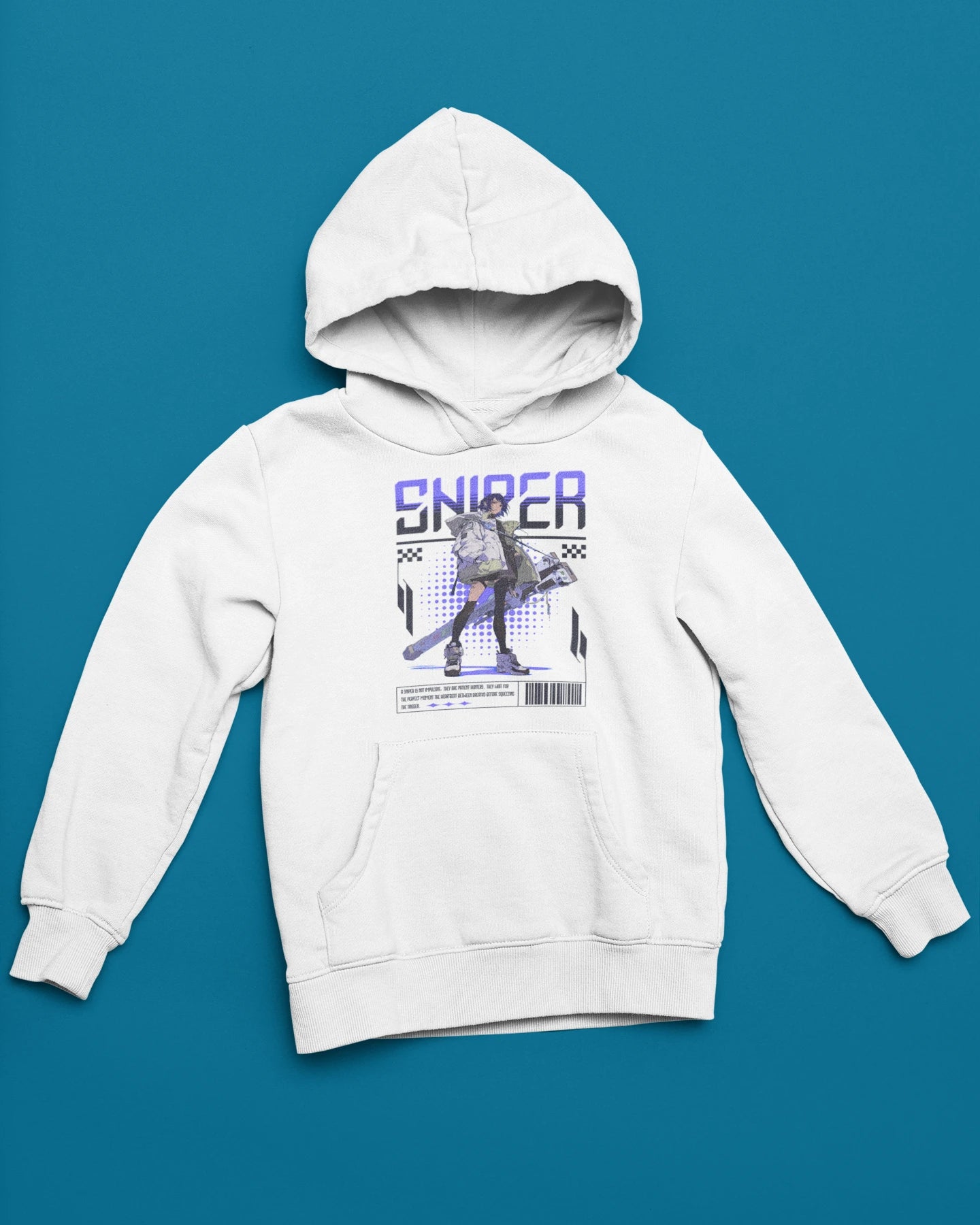 Sniper Hoodie – Futuristisches Anime Design & Cyber Tactical Style – weiss Hoodie als flatlay-Mockup, modernes Gaming-Design und hochwertiges Produktfoto.