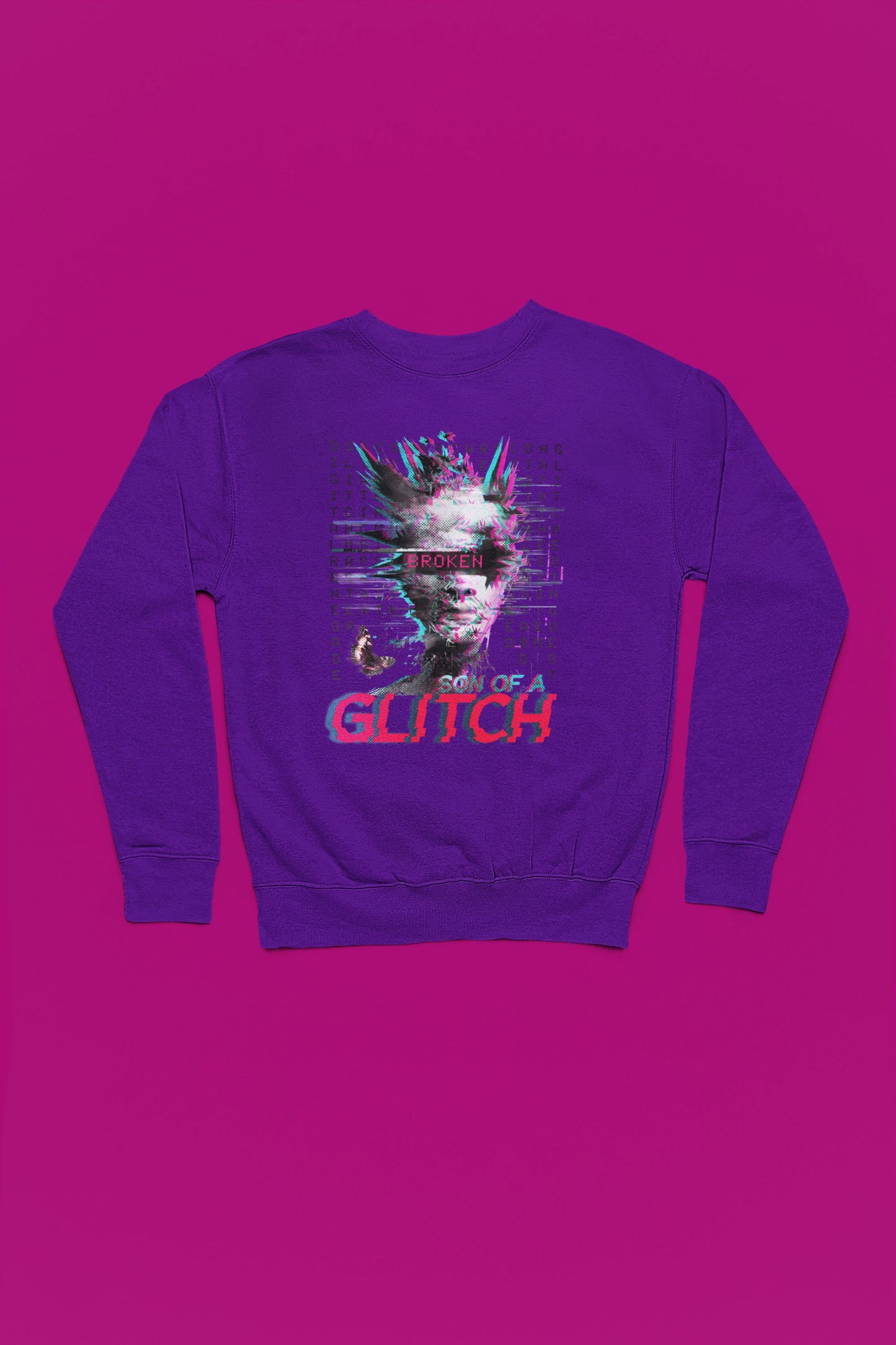 Son of a Glitch – Futuristischer Cyberpunk-Glitch Pullover – lila Pullover als Flatlay-Mockup, hochwertiges Nerd- & Gaming-Design Produktfoto.