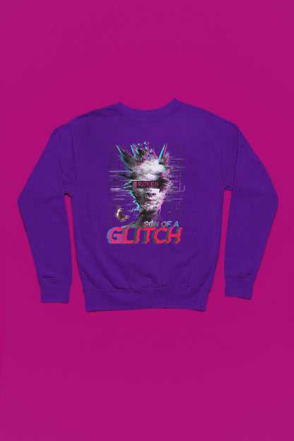 Son of a Glitch – Futuristischer Cyberpunk-Glitch Pullover – lila Pullover als Flatlay-Mockup, hochwertiges Nerd- & Gaming-Design Produktfoto.