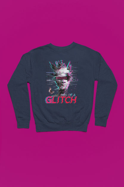 Son of a Glitch – Futuristischer Cyberpunk-Glitch Pullover – marine Pullover als Flatlay-Mockup, hochwertiges Nerd- & Gaming-Design Produktfoto.