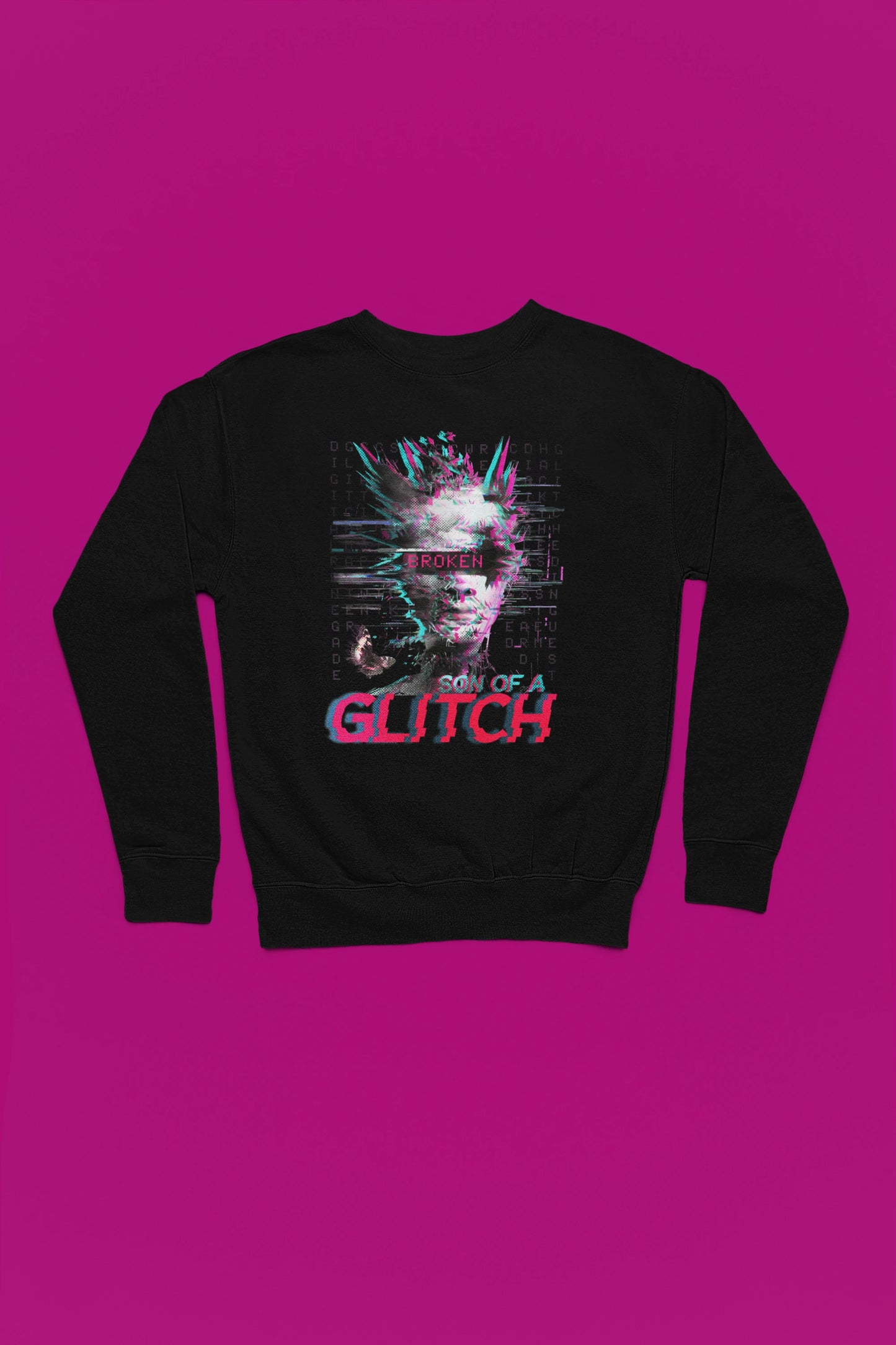 Son of a Glitch – Futuristischer Cyberpunk-Glitch Pullover – schwarz Pullover als Flatlay-Mockup, hochwertiges Nerd- & Gaming-Design Produktfoto.