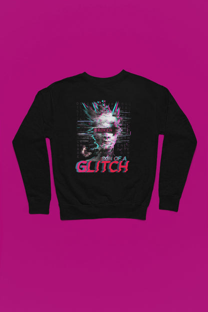 Son of a Glitch – Futuristischer Cyberpunk-Glitch Pullover – schwarz Pullover als Flatlay-Mockup, hochwertiges Nerd- & Gaming-Design Produktfoto.