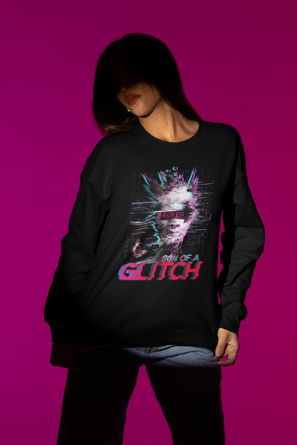 Son of a Glitch – Futuristischer Cyberpunk-Glitch Pullover – schwarz Pullover als Weibliches Model-Mockup, hochwertiges Nerd- & Gaming-Design Produktfoto.