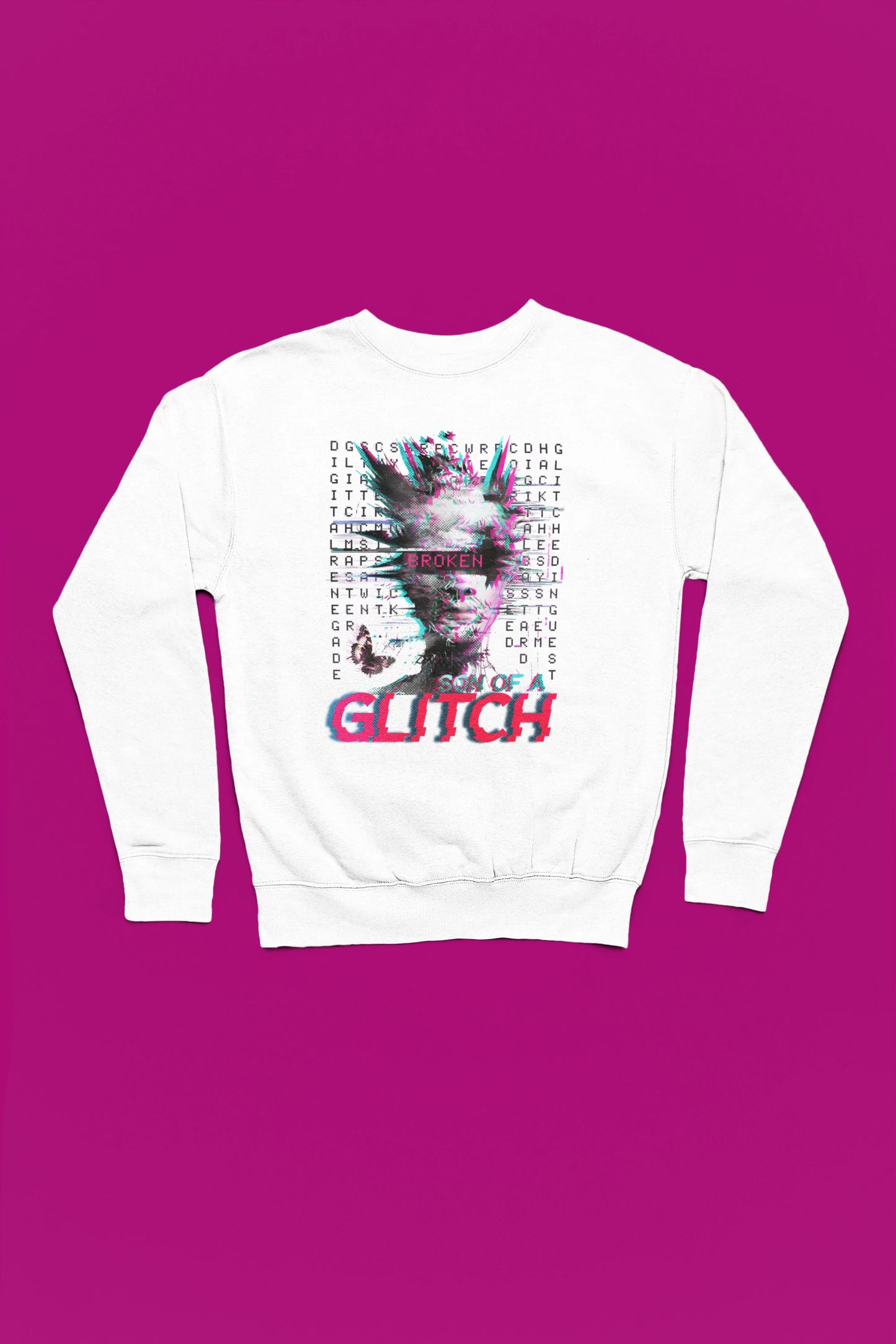 Son of a Glitch – Futuristischer Cyberpunk-Glitch Pullover – weiss Pullover als Flatlay-Mockup, hochwertiges Nerd- & Gaming-Design Produktfoto.