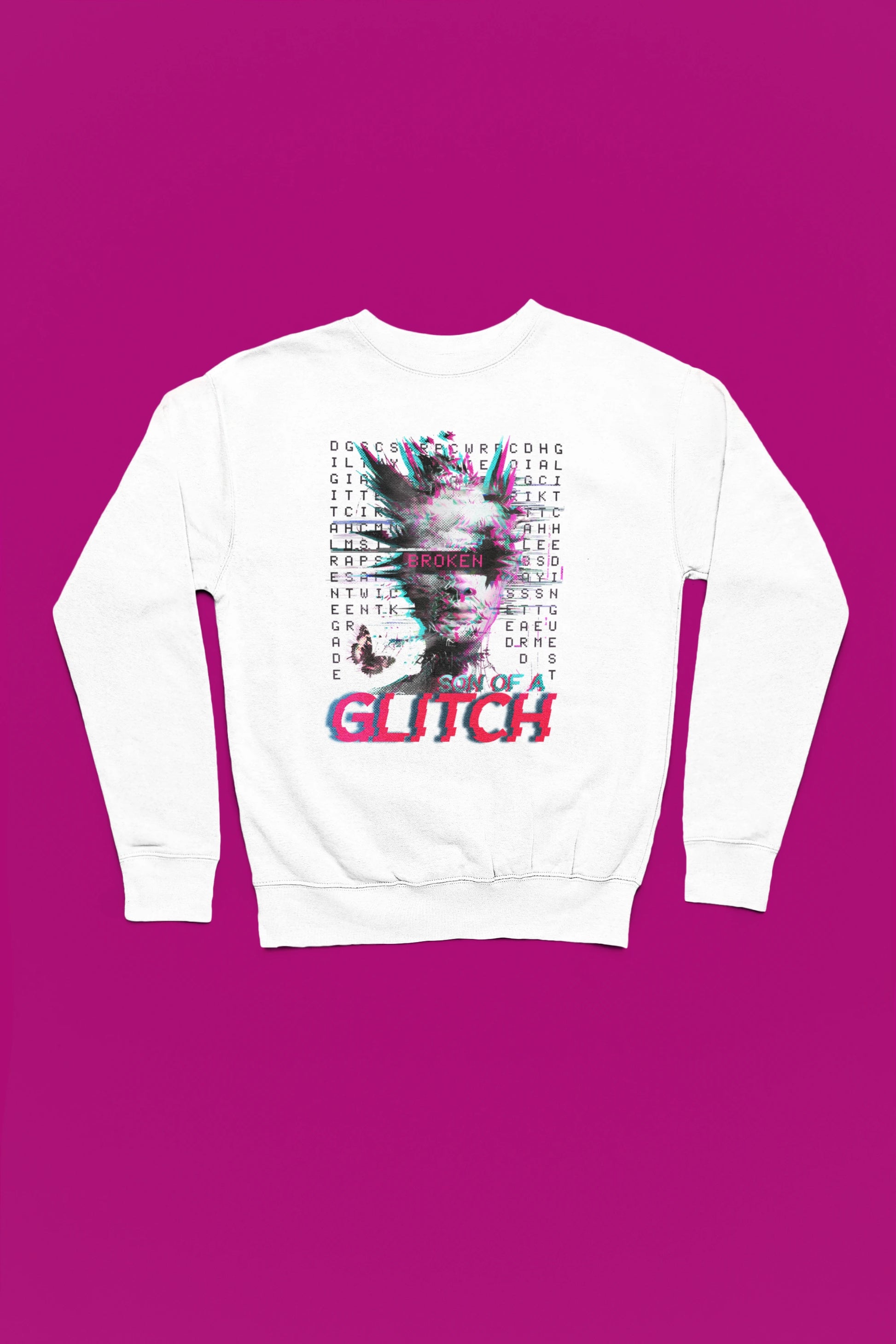 Son of a Glitch – Futuristischer Cyberpunk-Glitch Pullover – weiss Pullover als Flatlay-Mockup, hochwertiges Nerd- & Gaming-Design Produktfoto.