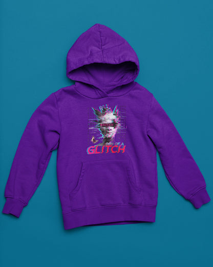 Son of a Glitch Hoodie – Cyberpunk Glitch Art & Digital Chaos – lila Hoodie als flatlay-Mockup, modernes Gaming-Design und hochwertiges Produktfoto.