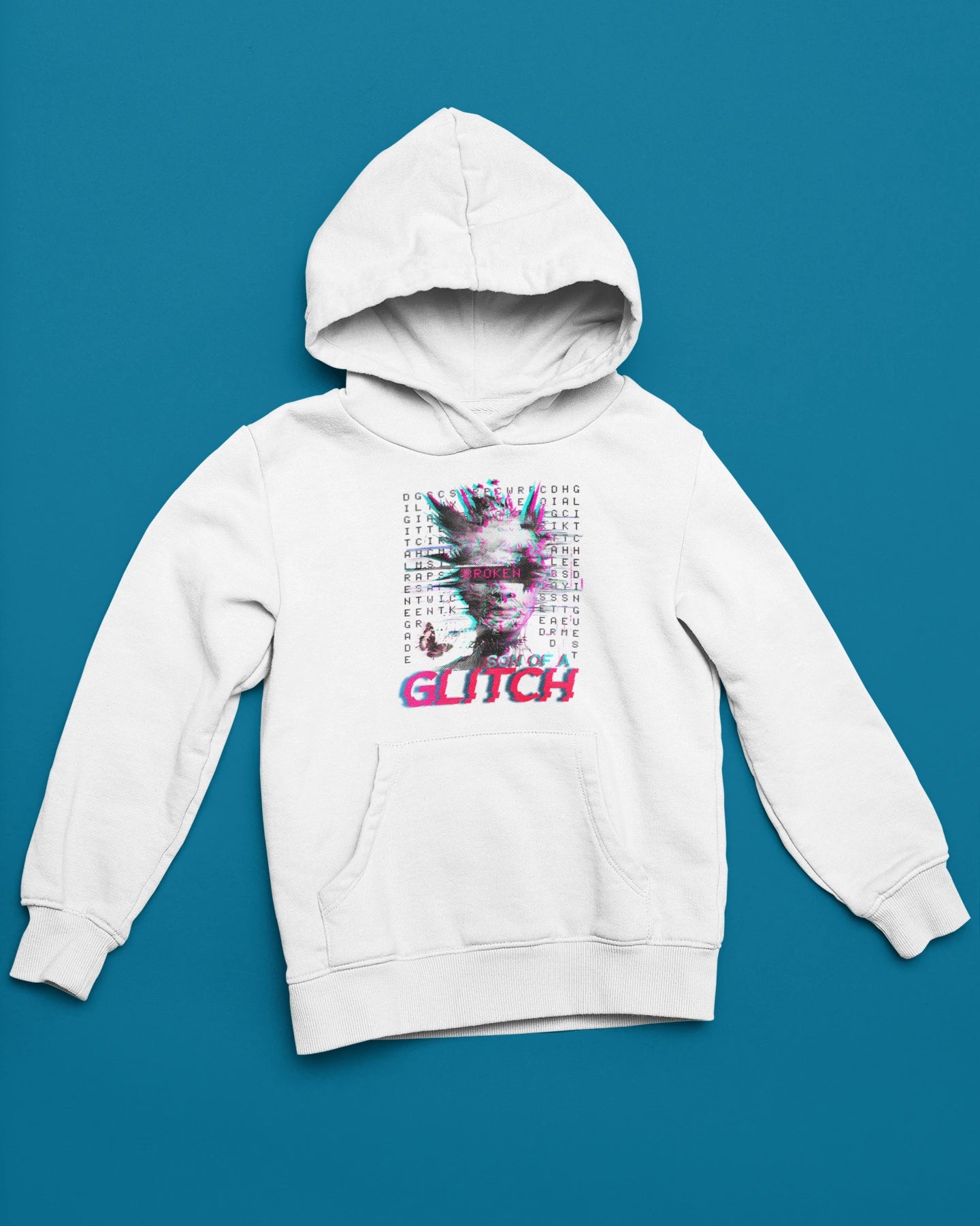 Son of a Glitch Hoodie – Cyberpunk Glitch Art & Digital Chaos – weiss Hoodie als flatlay-Mockup, modernes Gaming-Design und hochwertiges Produktfoto.