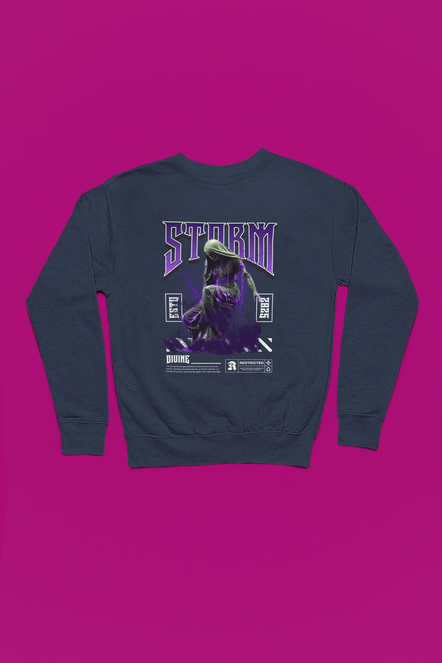 Storm Divine – Gothic Marble Statue Lightning Pullover – marine Pullover als Flatlay-Mockup, hochwertiges Nerd- & Gaming-Design Produktfoto.