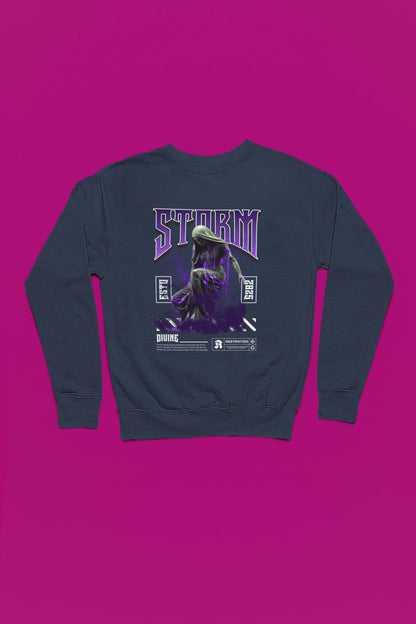 Storm Divine – Gothic Marble Statue Lightning Pullover – marine Pullover als Flatlay-Mockup, hochwertiges Nerd- & Gaming-Design Produktfoto.
