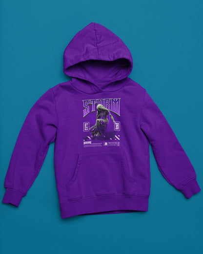 Storm Divine Hoodie – Mystische Statue im Blitz & Dark-Art Stil – lila Hoodie als flatlay-Mockup, modernes Gaming-Design und hochwertiges Produktfoto.