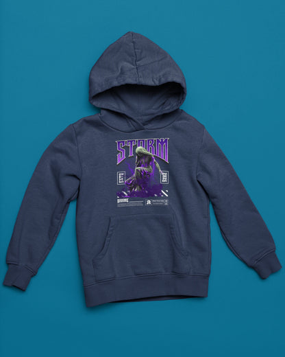 Storm Divine Hoodie – Mystische Statue im Blitz & Dark-Art Stil – marine Hoodie als flatlay-Mockup, modernes Gaming-Design und hochwertiges Produktfoto.