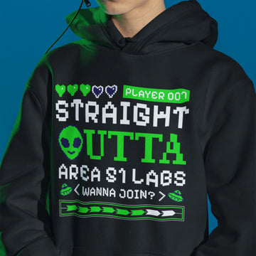 Schwarzer Straight Outta Area 51 Hoodie mit Alien 8 Bit Gamer Print