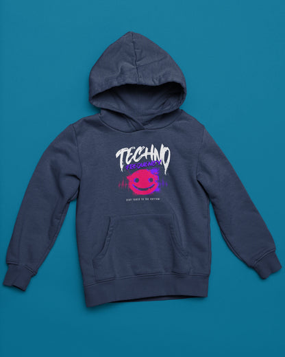 Techno Frequency Hoodie – Smiley, Waveform & Neon Techno Design – marine Hoodie als flatlay-Mockup, modernes Gaming-Design und hochwertiges Produktfoto.
