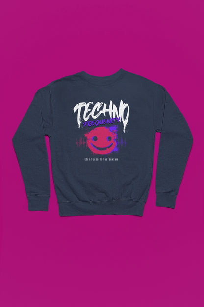 Techno Frequency Pullover – Stay Tuned to the Rhythm – marine Pullover als Flatlay-Mockup, hochwertiges Nerd- & Gaming-Design Produktfoto.