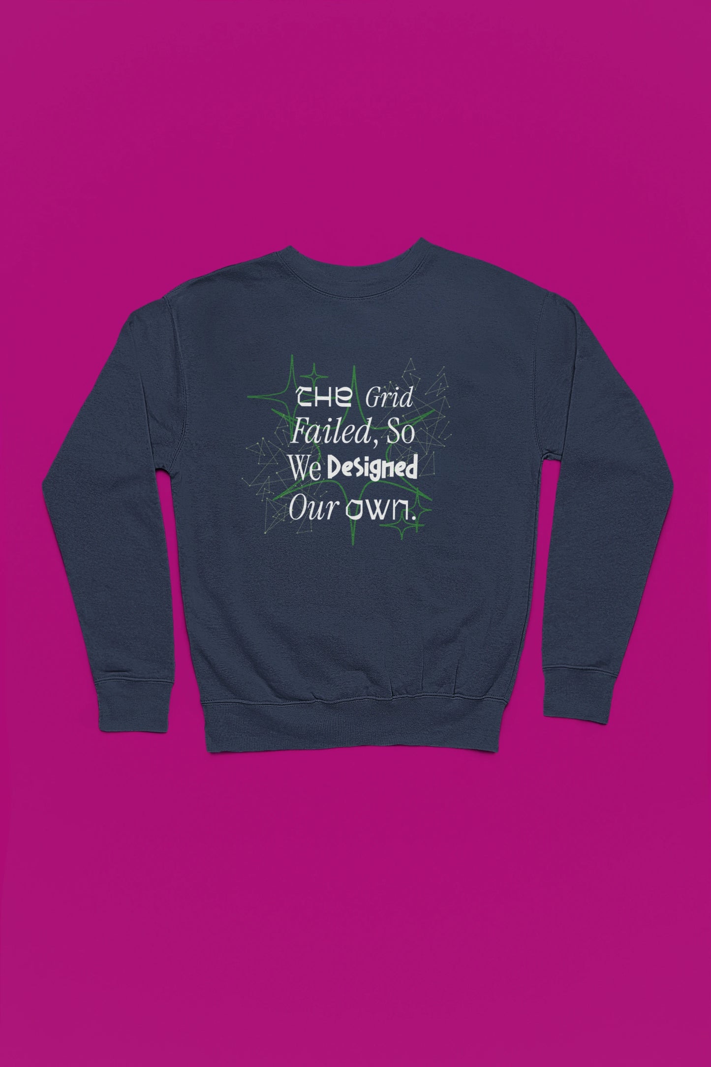 The Grid Failed – Cyber Network Chaos Pullover – marine Pullover als Flatlay-Mockup, hochwertiges Nerd- & Gaming-Design Produktfoto.