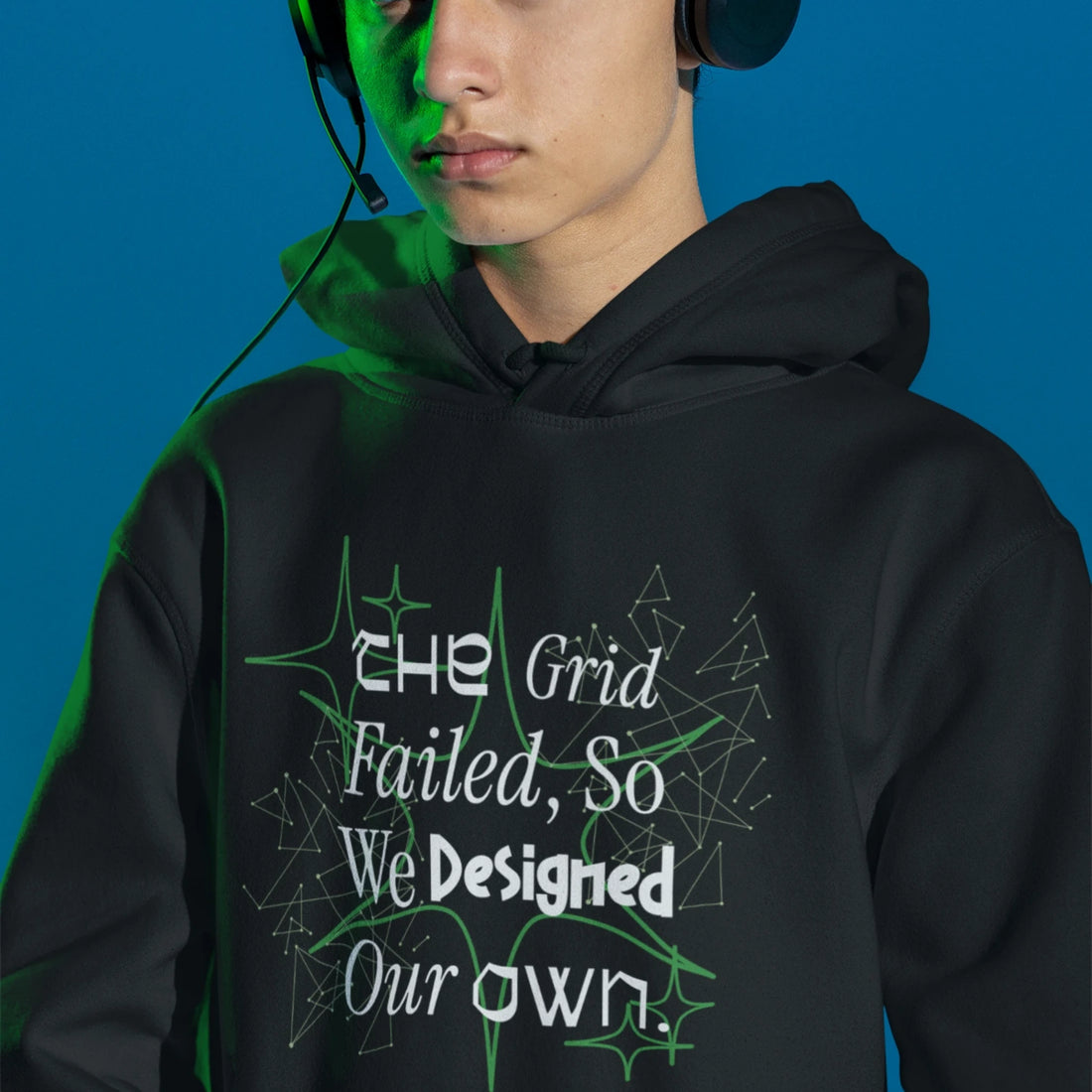 Schwarzer The Grid Failed Hoodie mit futuristischem Tech Design und Cyber Print