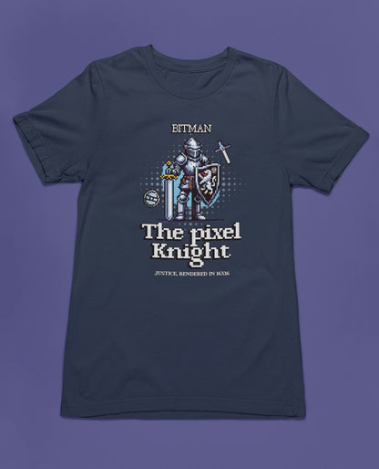 The Pixel Knight | 8-Bit Ritter T-Shirt für Retro Gamer – marine T-Shirt als flatlay-Mockup, modernes Gaming-Design und hochwertiges Produktfoto.