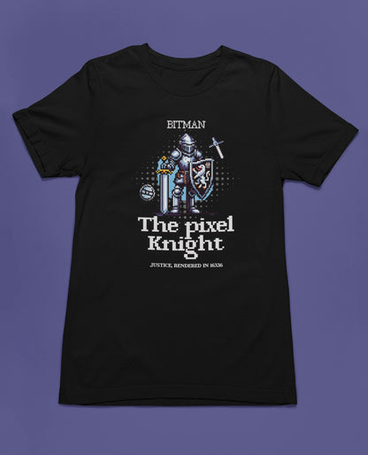 The Pixel Knight | 8-Bit Ritter T-Shirt für Retro Gamer – schwarz T-Shirt als flatlay-Mockup, modernes Gaming-Design und hochwertiges Produktfoto.