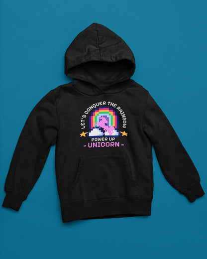 Unicorn Power Up | Magischer Pixel-Hoodie im Retro-Rainbow-Style – schwarz Hoodie als flatlay-Mockup, modernes Gaming-Design und hochwertiges Produktfoto.