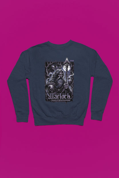 Warlock – Keeper of Cursed Knowledge | Dark Fantasy Pullover – marine Pullover als Flatlay-Mockup, hochwertiges Nerd- & Gaming-Design Produktfoto.