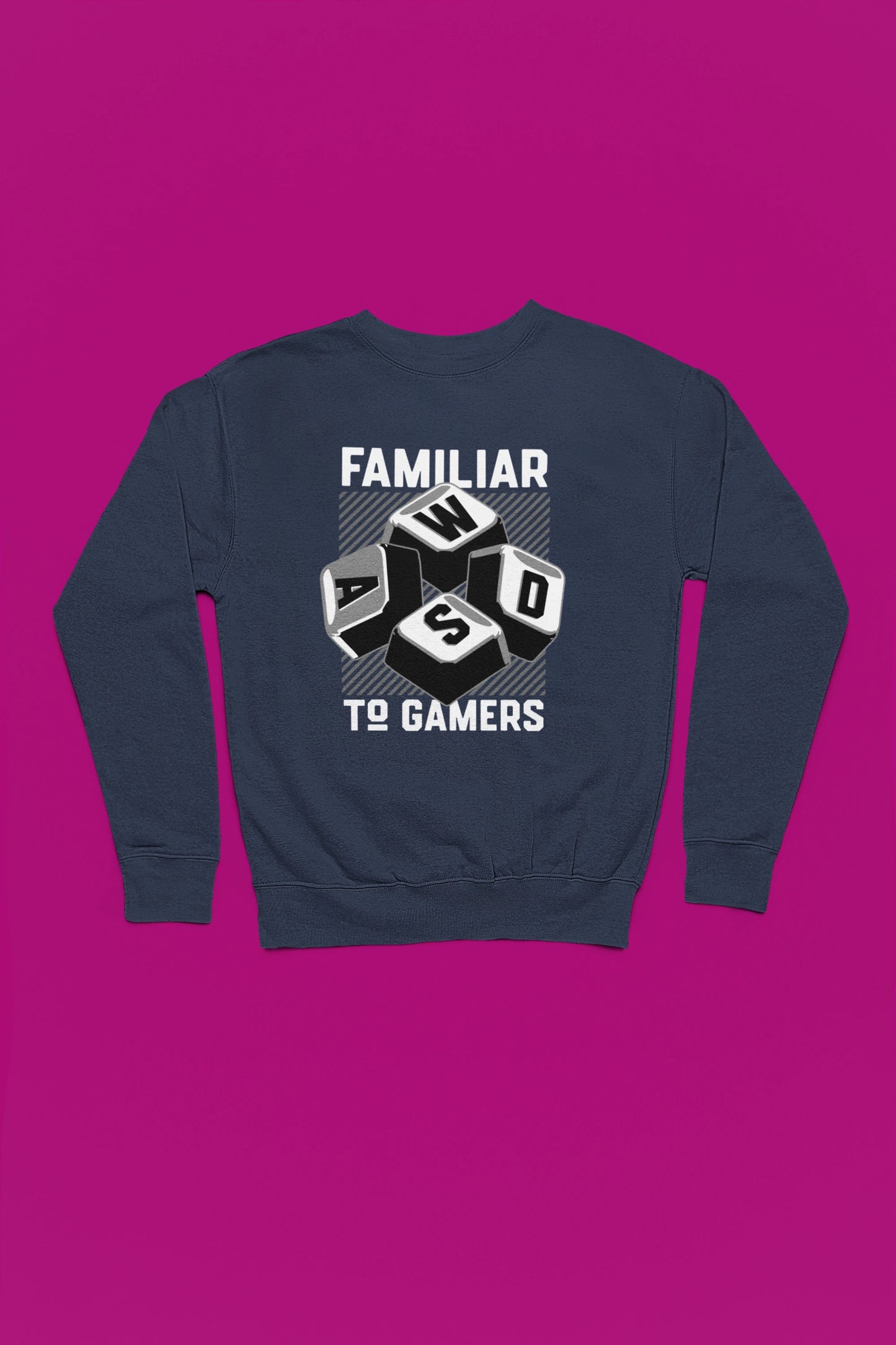 WASD | Gamer-Steuerungs Pullover im Retro-Style – marine Pullover als Flatlay-Mockup, hochwertiges Nerd- & Gaming-Design Produktfoto.