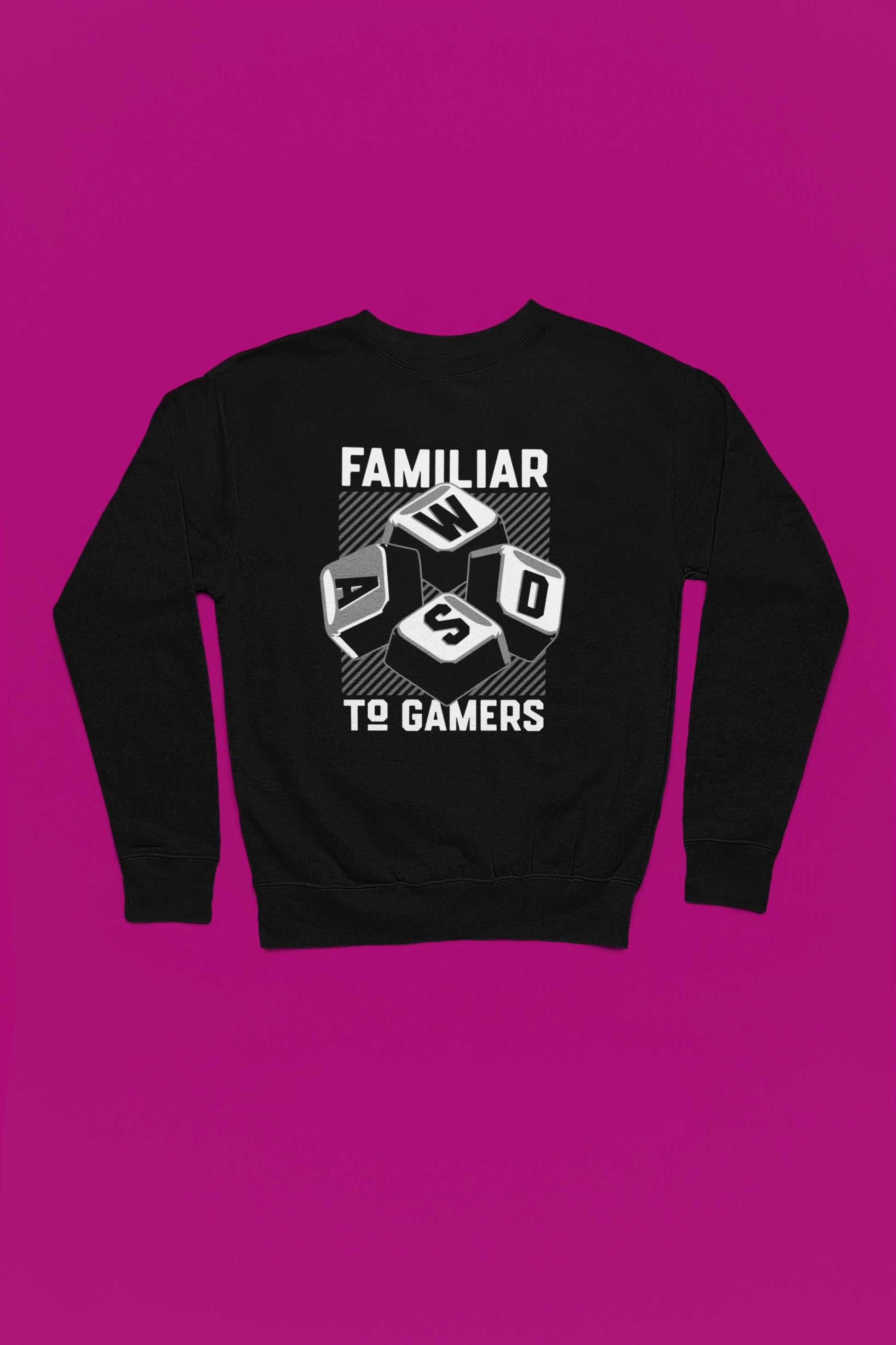 WASD | Gamer-Steuerungs Pullover im Retro-Style – schwarz Pullover als Flatlay-Mockup, hochwertiges Nerd- & Gaming-Design Produktfoto.
