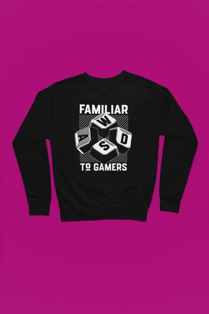WASD | Gamer-Steuerungs Pullover im Retro-Style – schwarz Pullover als Flatlay-Mockup, hochwertiges Nerd- & Gaming-Design Produktfoto.