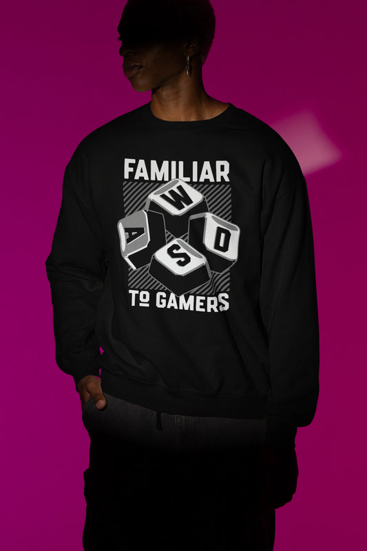 WASD | Gamer-Steuerungs Pullover im Retro-Style – schwarz Pullover als Maennliches Model-Mockup, hochwertiges Nerd- & Gaming-Design Produktfoto.