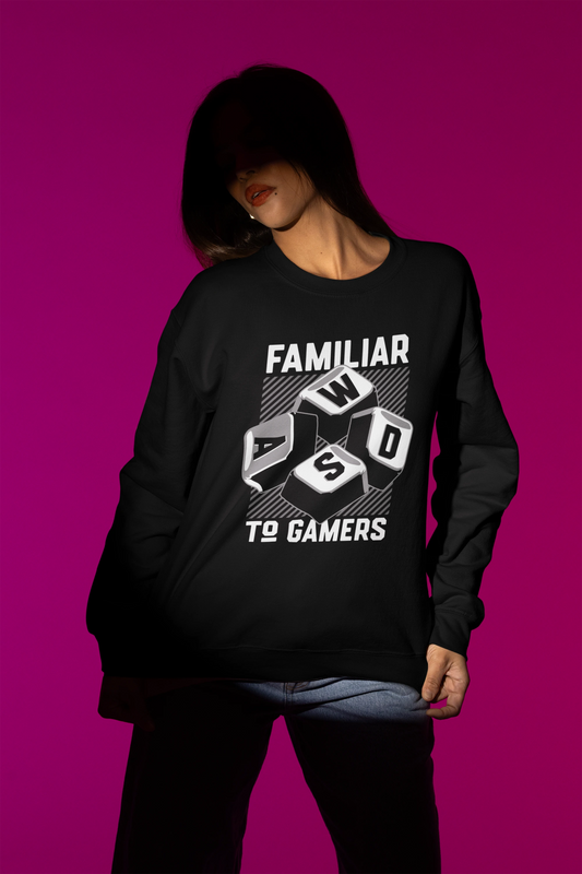 WASD | Gamer-Steuerungs Pullover im Retro-Style – schwarz Pullover als Weibliches Model-Mockup, hochwertiges Nerd- & Gaming-Design Produktfoto.