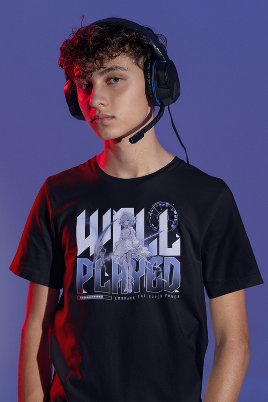 Well Played | Anime Gamer T-Shirt – Embrace the Super Power – schwarz T-Shirt als maennlich-Mockup, modernes Gaming-Design und hochwertiges Produktfoto.