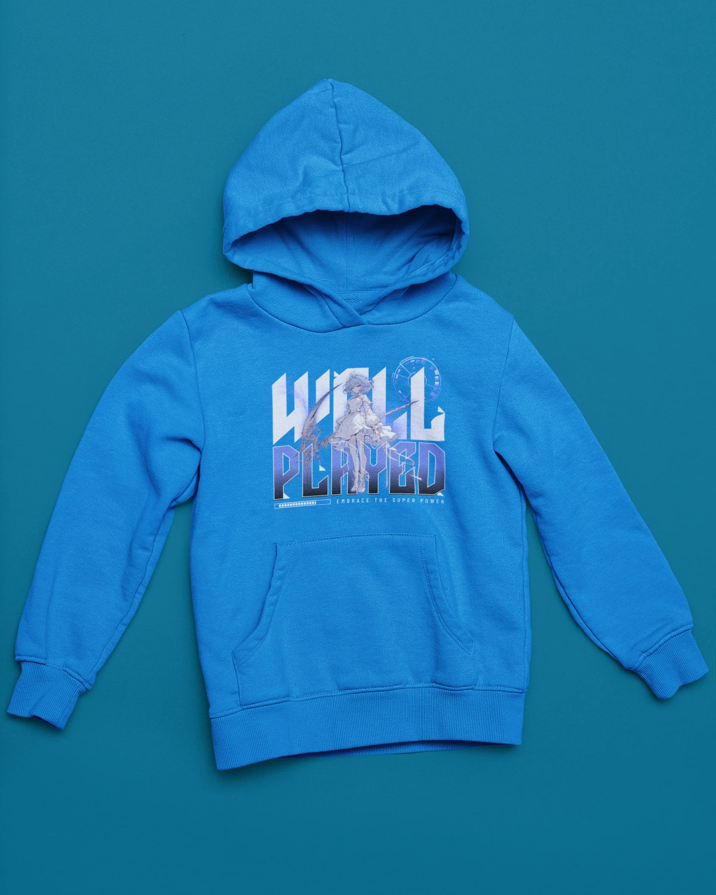 Well Played | Anime Hoodie mit Fantasy-Illustration – blau Hoodie als flatlay-Mockup, modernes Gaming-Design und hochwertiges Produktfoto.