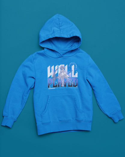 Well Played | Anime Hoodie mit Fantasy-Illustration – blau Hoodie als flatlay-Mockup, modernes Gaming-Design und hochwertiges Produktfoto.