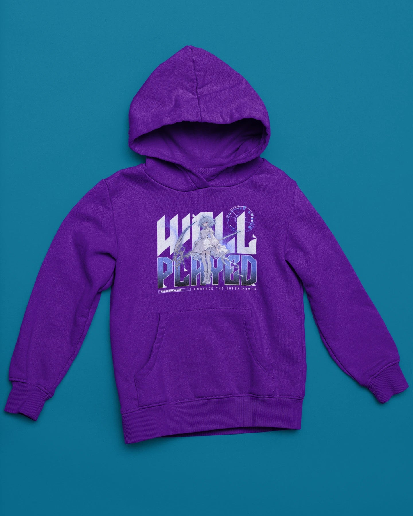 Well Played | Anime Hoodie mit Fantasy-Illustration – lila Hoodie als flatlay-Mockup, modernes Gaming-Design und hochwertiges Produktfoto.