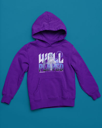 Well Played | Anime Hoodie mit Fantasy-Illustration – lila Hoodie als flatlay-Mockup, modernes Gaming-Design und hochwertiges Produktfoto.