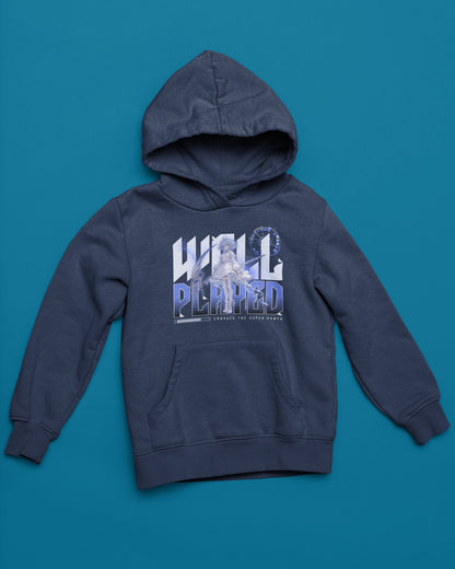 Well Played | Anime Hoodie mit Fantasy-Illustration – marine Hoodie als flatlay-Mockup, modernes Gaming-Design und hochwertiges Produktfoto.