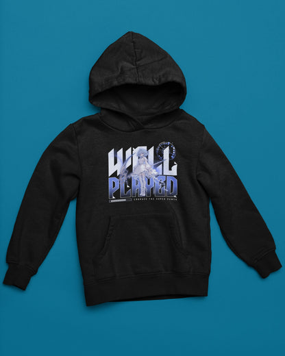 Well Played | Anime Hoodie mit Fantasy-Illustration – schwarz Hoodie als flatlay-Mockup, modernes Gaming-Design und hochwertiges Produktfoto.
