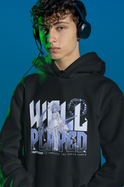 Well Played | Anime Hoodie mit Fantasy-Illustration – schwarz Hoodie als maennlich-Mockup, modernes Gaming-Design und hochwertiges Produktfoto.