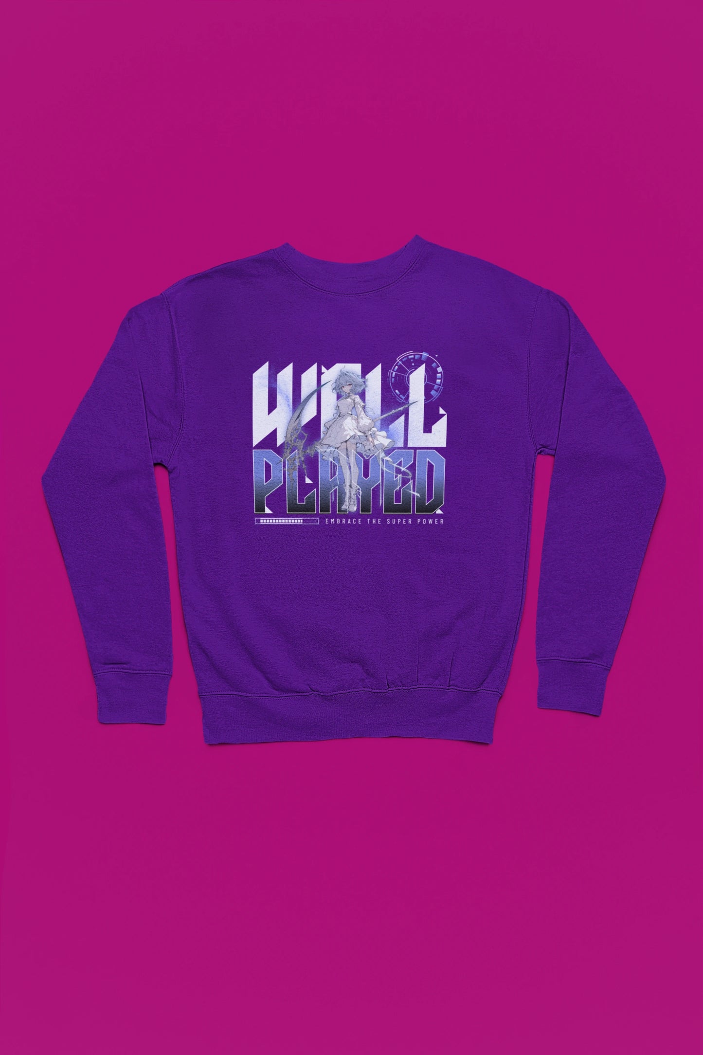 Well Played – Eleganter Anime Battle Spirit Pullover – lila Pullover als Flatlay-Mockup, hochwertiges Nerd- & Gaming-Design Produktfoto.